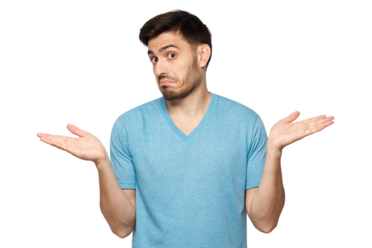 I don't know. Portrait of young confused man in blue t-shirt standing and shrugging shoulders, spreading hands