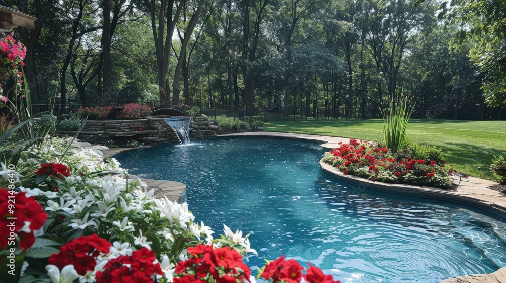 Poster capture a serene swimming pool surrounded by red and white flowers, creating a harmonious and inviti