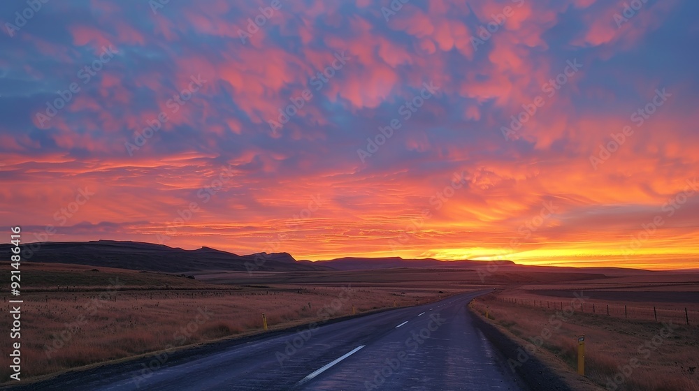 Sticker Capture a stunning sunset over an empty road, with the sky painted in shades of orange and pink, emphasizing tranquility and beauty.