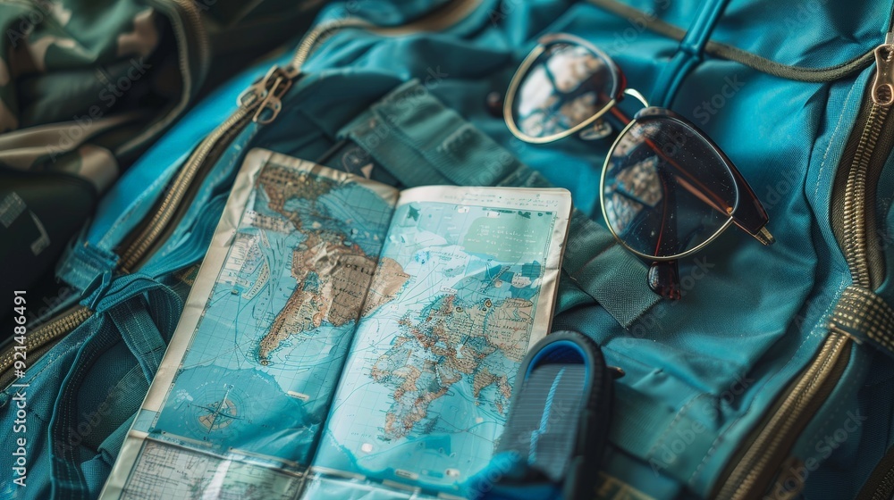 Poster capture a travel bag packed with essential items for an adventurous trip, showing a glimpse of passp