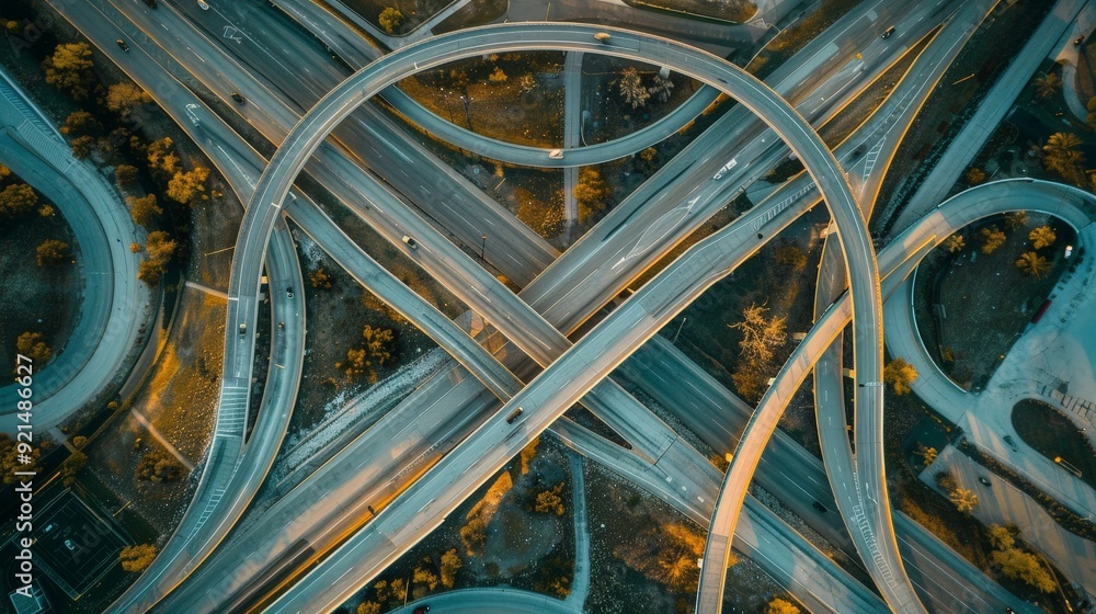 Poster capture an aerial view of a highway interchange, with intricate loops and curves forming a complex y