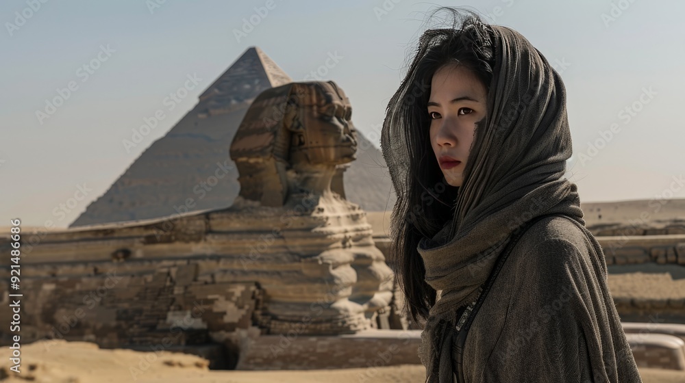 Wall mural Capture the allure of a Chinese woman in an ancient gray cloak, standing gracefully before the Sphinx in Giza.