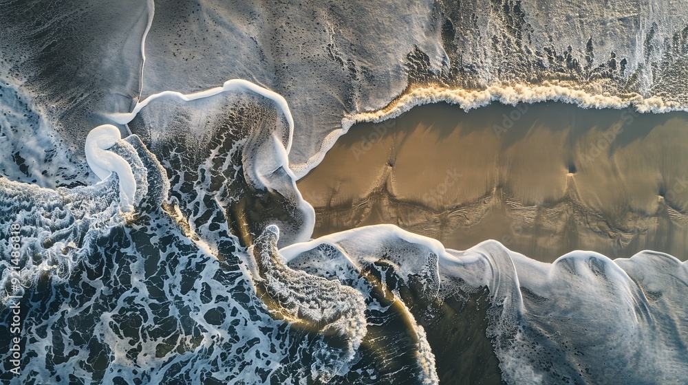 Poster capture the intricate patterns formed by waves and currents on a beach from an aerial perspective