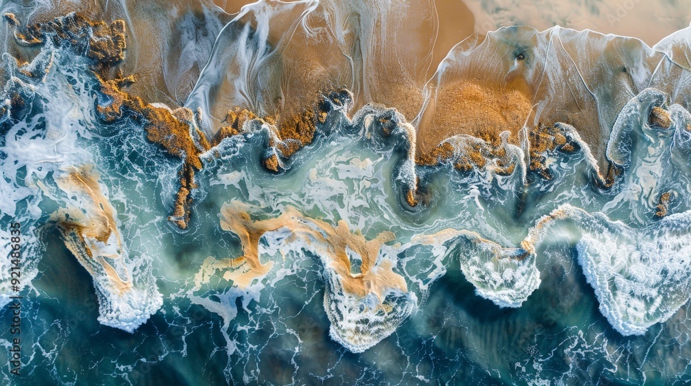 Poster capture the intricate patterns formed by waves and currents on a beach from an aerial perspective
