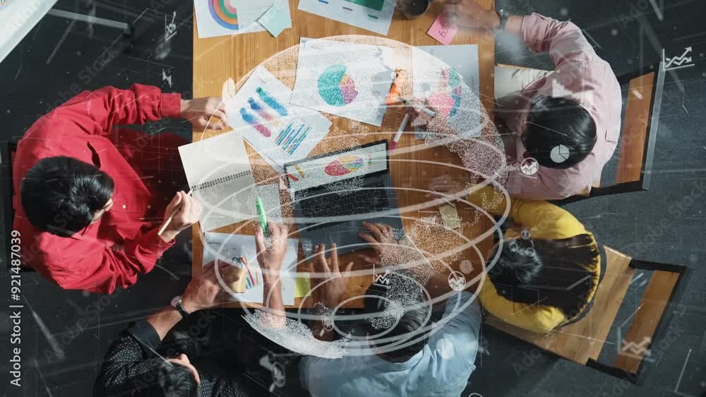 Poster top view of business people working financial graph with global networking. smart manager working to