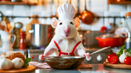 A whimsical and charming image of an adorable white rat dressed in a chef s uniform standing in a luxurious and well equipped kitchen surrounded by various culinary tools appliances and ingredients