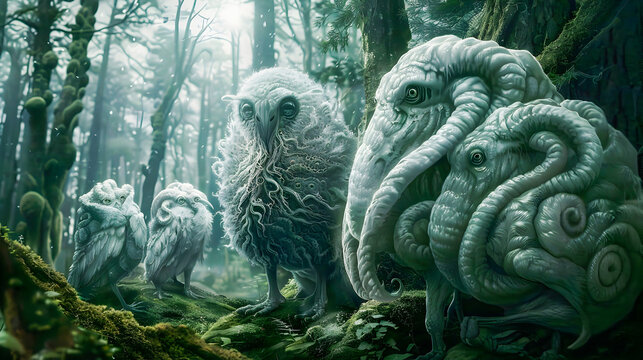 Mysterious and unsettling creatures with tentacular appendages lurking in the dark foreboding depths of an enigmatic forest  This surreal