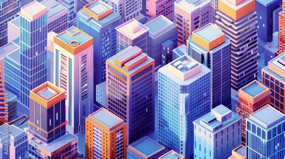 Poster An isometric city financial district with towering office buildings, banks, and business hubs, highlighting the economic activity.