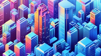 Obraz premium An isometric city financial district with towering office buildings, banks, and business hubs, highlighting the economic activity.