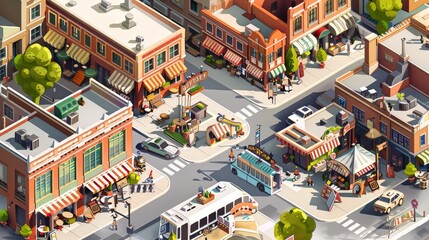 Naklejka premium An isometric city food district with restaurants, cafes, and street food vendors, illustrating the culinary diversity of the urban area.