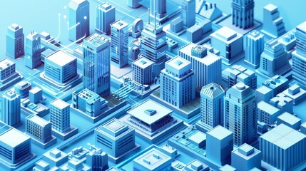 Fototapeta premium An isometric city tech hub with modern office buildings, innovation centers, and startup spaces, showcasing the city's technological advancements.