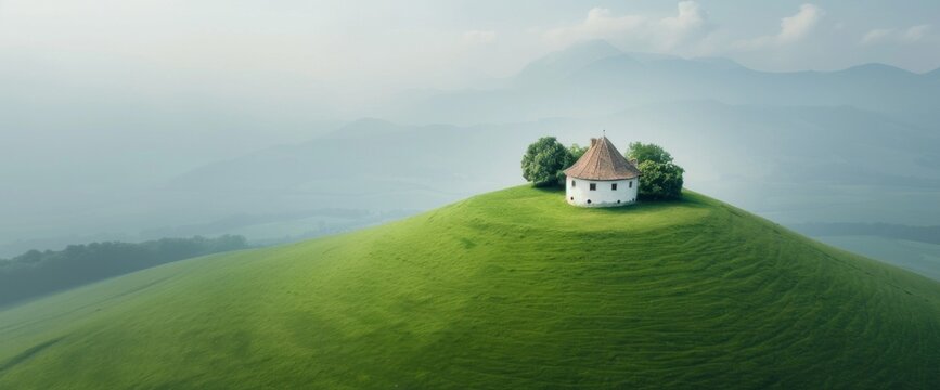 Aerial view of Romanian castle on a hill, copy space, natural lighting