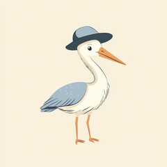 A charming illustration of a stork wearing a stylish hat, perfect for children's themes and playful designs.