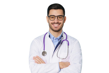 Smiling young male doctor wearing white coat and glasses