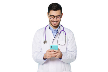 Fototapeta premium Young doctor in white coat smiling, holding his phone with both hands, using medical app
