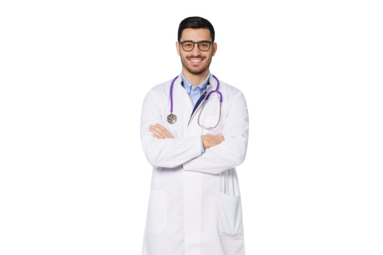 Young male doctor standing with arms crossed, wearing white doctor robe with stethoscope on, smiling friendly