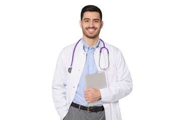 Medic in white robe, looking straight at camera with positive smile, holding tablet computer next...