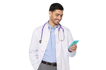 Young handsome doctor standing in white coat smiling while looking at screen of his phone, using medical app