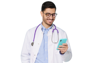 Young handsome doctor wearing white coat and glasses smiling while looking at screen of smartphone, using medical app