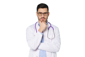 Male doctor holding his chin, thinking about difficult medical case, feeling doubt about cure,...