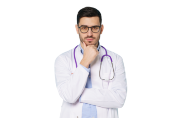 Male doctor holding his chin, thinking about difficult medical case, feeling doubt about cure, wearing white robe and glasses