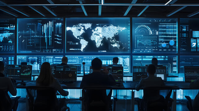 Financial Data Analysts: Financial data analysts working in a modern monitoring office 