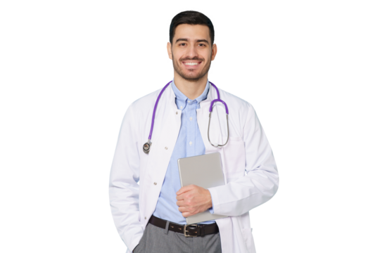 Medic in white robe, looking straight at camera with positive smile, holding tablet computer next to chest while working in hospital