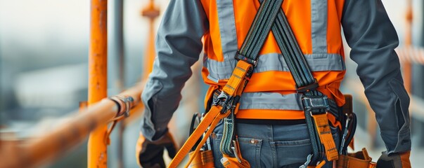 A construction worker wearing safety gear stands on a scaffold, highlighting the importance of safety in the workplace.