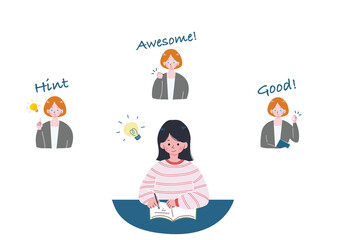 英語の勉強をする女の子と英会話の先生のイラストセット