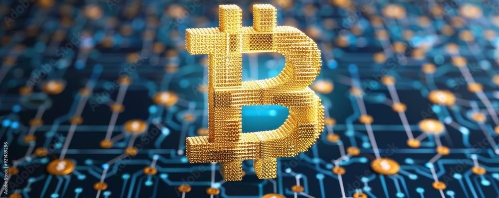 Poster a digital representation of bitcoin symbolizing cryptocurrency and blockchain technology in a futuri