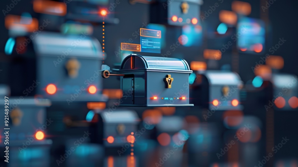 Poster a digital safe with glowing elements, representing cybersecurity and data protection in a modern tec