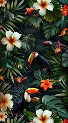 Toucans perch among exotic flowers and green leaves in a vivid jungle setting
