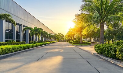 Naklejka premium Modern Building with Palm Trees and a Sunny Pathway