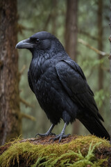 Majestic Raven in a Serene Forest Setting