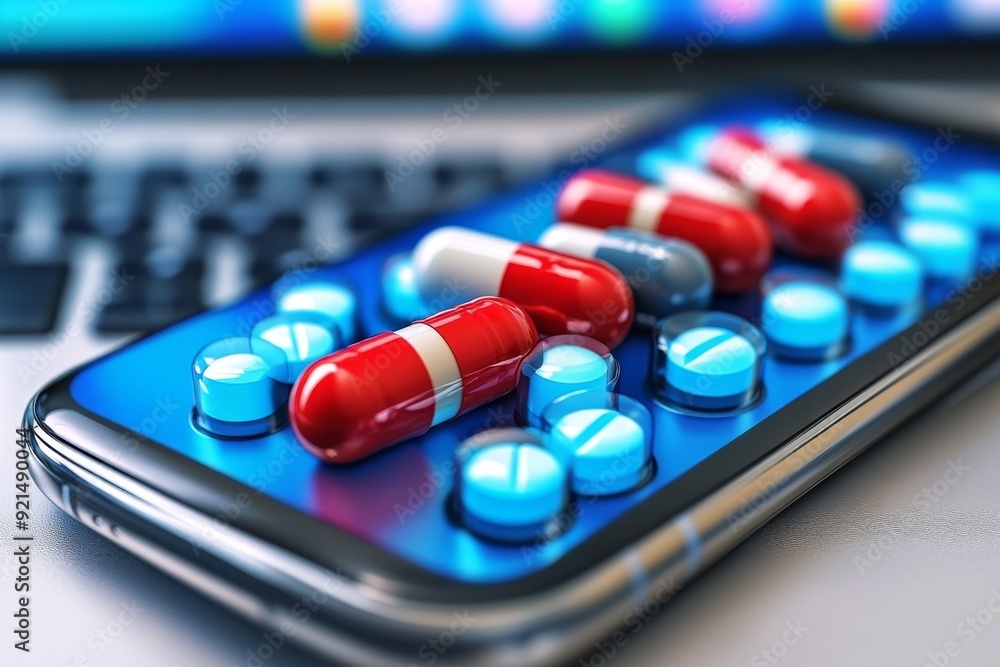 Poster dynamic display of various pills on a smartphone screen illustrating the impact of technology on per