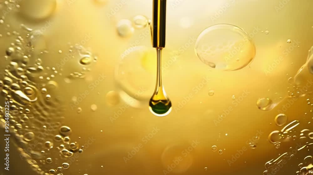 Poster bubbles ascend in a golden liquid, illuminated by gentle lighting, creating an elegant atmosphere.