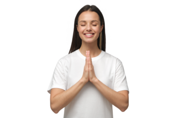Young smiling christian woman putting hands together, praying