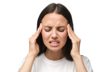 Close-up of young woman in white casual t-shirt touching temples with fingers as if suffering from severe headache