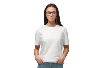 Young smiling woman in white t-shirt and trendy glasses, mockup for your logo