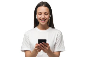 Young happy woman with phone in hands and wearing wireless earphones