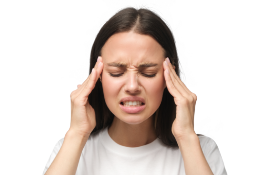 Close-up of young woman in white casual t-shirt touching temples with fingers as if suffering from severe headache