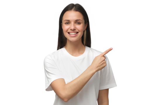 Smiling young woman in white t-shirt pointing right with index finger
