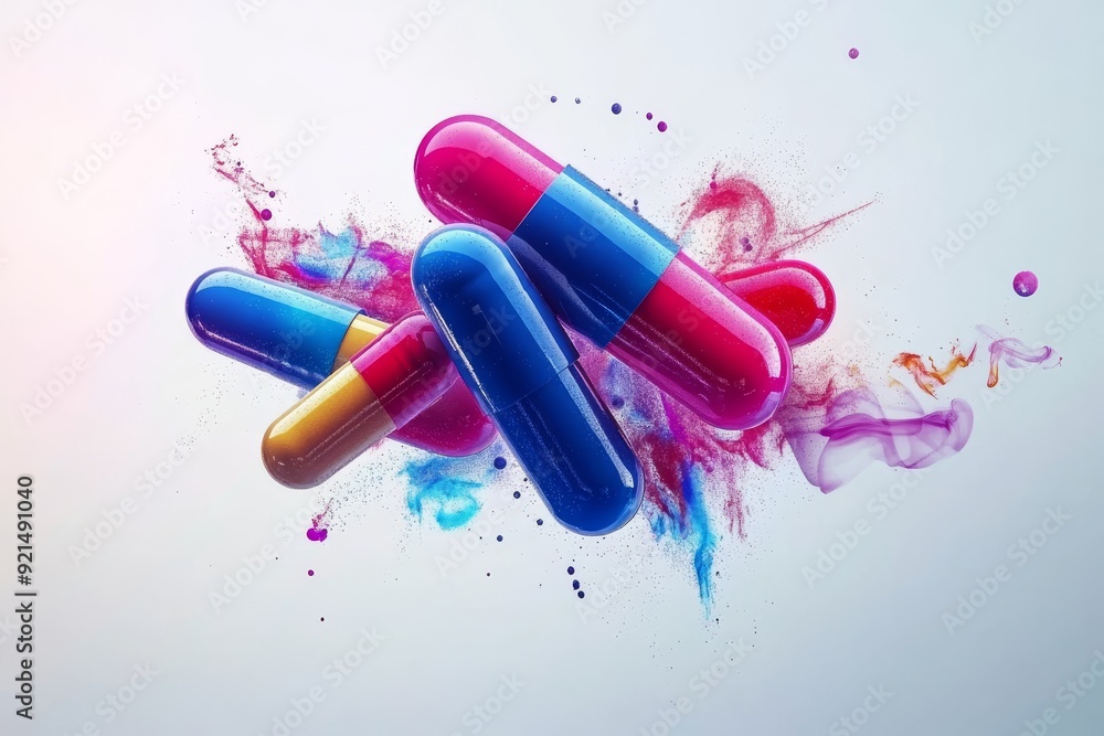 Poster dynamic explosion of colorful capsules from a digital tablet visualizing the impact of technology on