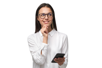 Young woman making plans while holding phone in hand and looking to right side through glasses