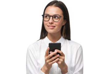 Business woman in glasses looking to the left side, typing messages on the phone, looking interested and dreaming
