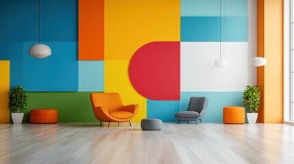 A vibrant abstract artwork on the wall of a contemporary living room