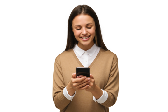 Yong woman standing, looking at screen of the phone, browsing web pages and smiling nicely while chatting or surfing