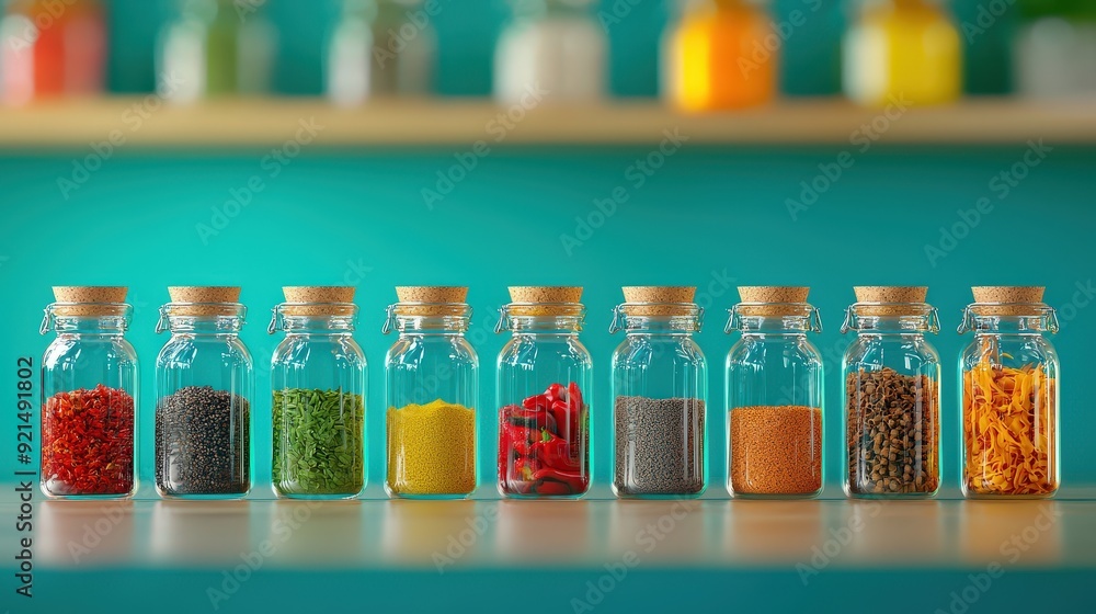 Poster a colorful array of spices in glass jars on a kitchen shelf