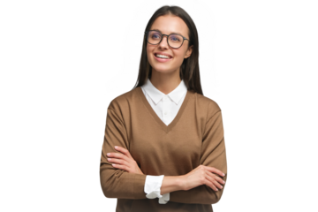 Young woman in casual clothes smiling and dreaming of something