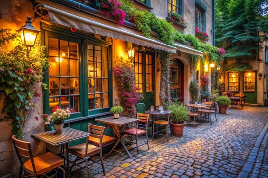 Fototapeta A street scene with a cafe with green awnings and potted plants